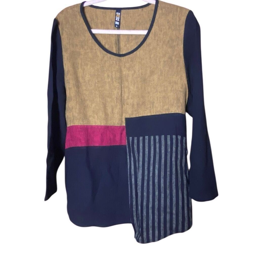 Khangura Colorblock Linen Blend Lagenlook Art Tunic Top Made USA Wm’s Sz Small - Picture 2 of 9